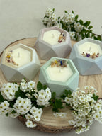 Lot de bougies hexagonales en béton pastel aux fleurs séchées