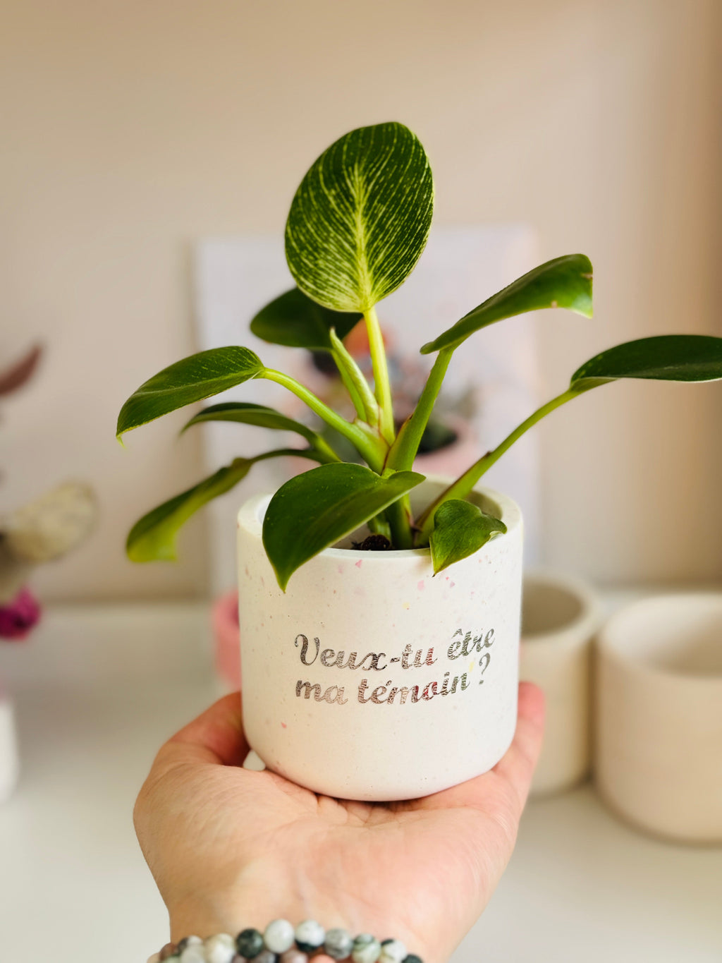 Un petit pot en Jesmonite avec une plante et un message personnalisé dessus  « Veux-tu être ma témoin ? »