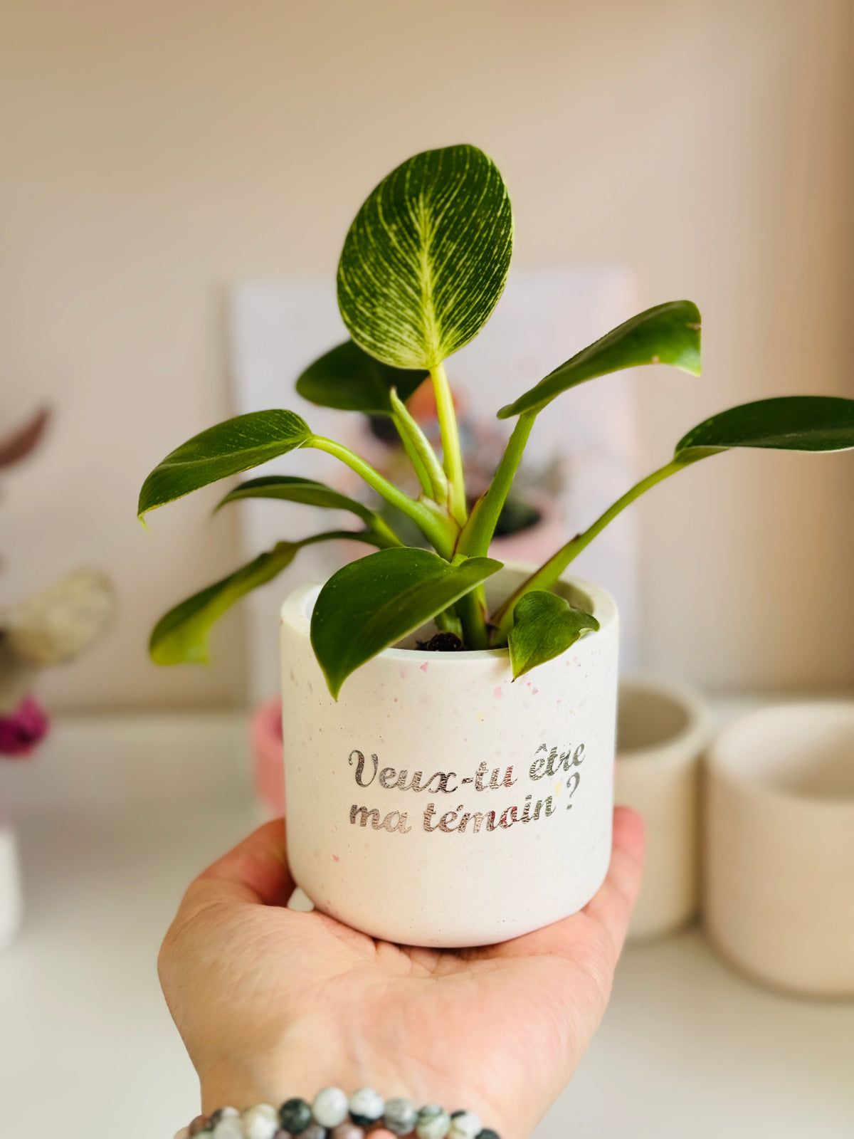 Un petit pot en Jesmonite avec une plante et un message personnalisé dessus  « Veux-tu être ma témoin ? »